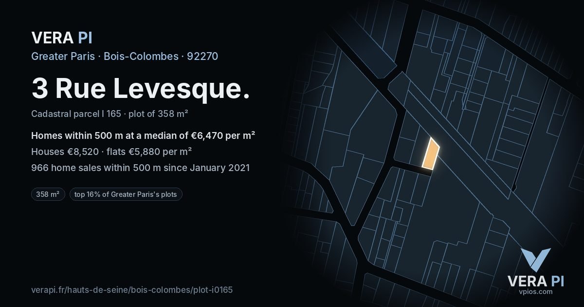 3 Rue Levesque, Bois-Colombes at night – the plot lit, the parcels around coloured by the prices near them