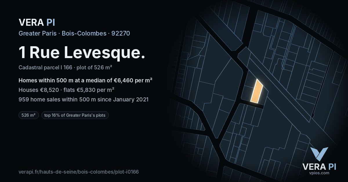 1 Rue Levesque, Bois-Colombes at night – the plot lit, the parcels around coloured by the prices near them