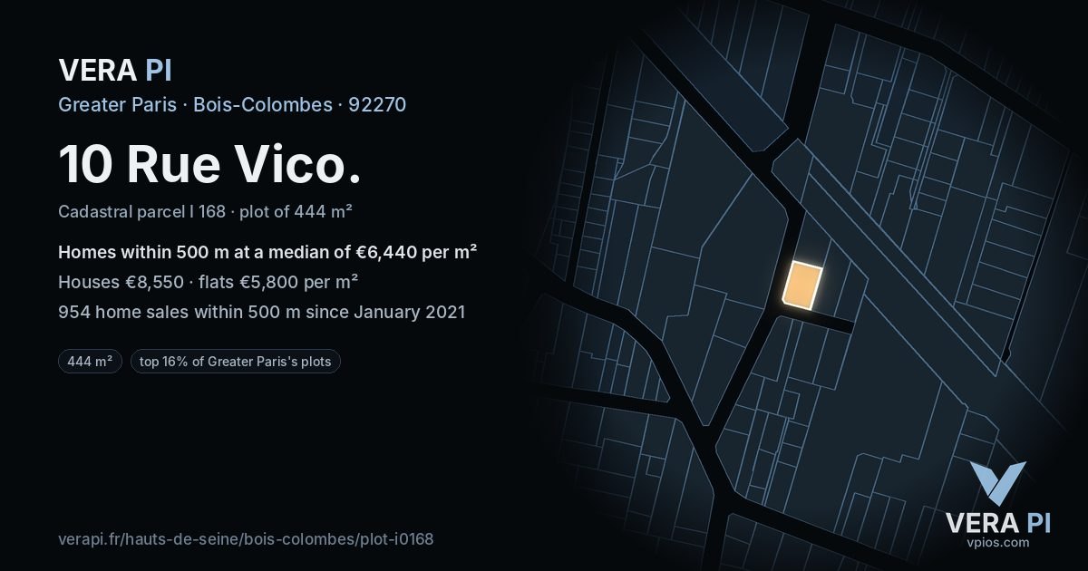 10 Rue Vico, Bois-Colombes at night – the plot lit, the parcels around coloured by the prices near them