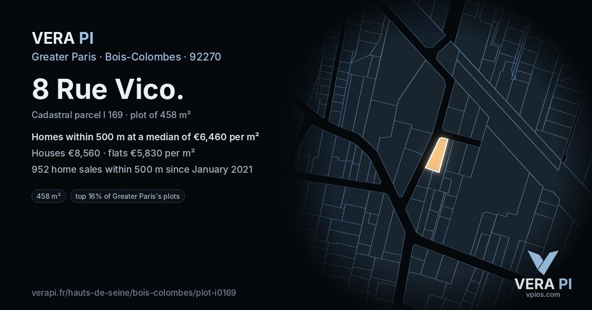 8 Rue Vico, Bois-Colombes at night – the plot lit, the parcels around coloured by the prices near them