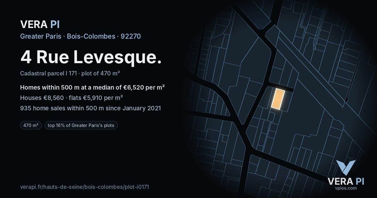 4 Rue Levesque, Bois-Colombes at night – the plot lit, the parcels around coloured by the prices near them