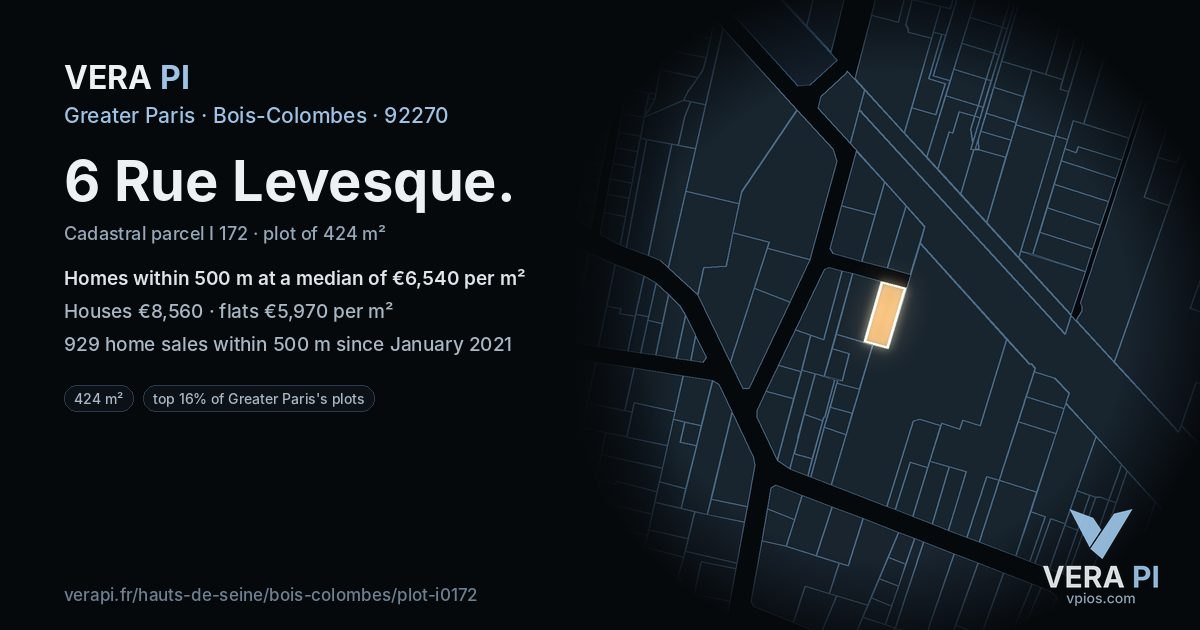 6 Rue Levesque, Bois-Colombes at night – the plot lit, the parcels around coloured by the prices near them