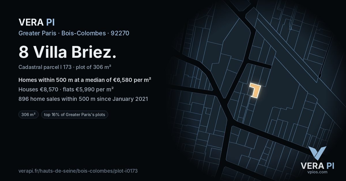 8 Villa Briez, Bois-Colombes at night – the plot lit, the parcels around coloured by the prices near them