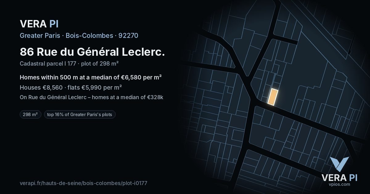 86 Rue du Général Leclerc, Bois-Colombes at night – the plot lit, the parcels around coloured by the prices near them