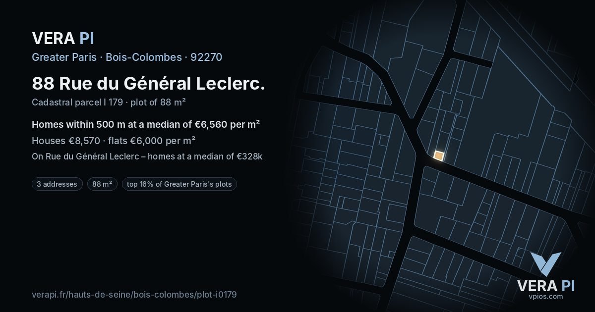88 Rue du Général Leclerc, Bois-Colombes at night – the plot lit, the parcels around coloured by the prices near them