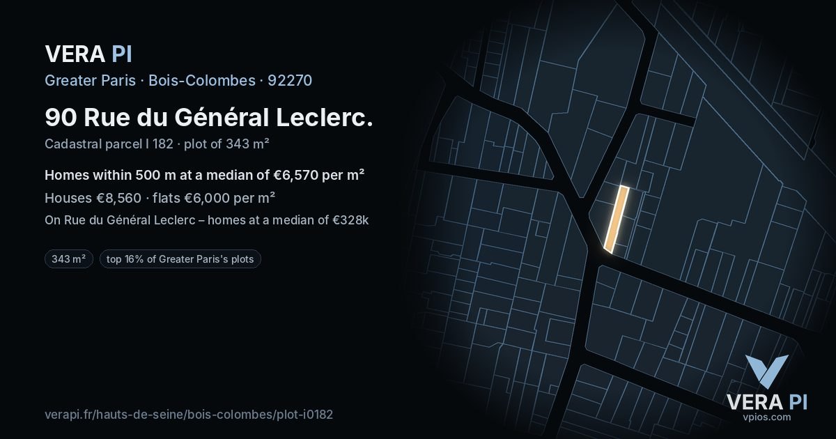 90 Rue du Général Leclerc, Bois-Colombes at night – the plot lit, the parcels around coloured by the prices near them