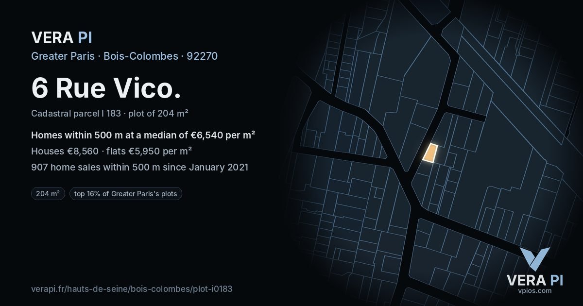 6 Rue Vico, Bois-Colombes at night – the plot lit, the parcels around coloured by the prices near them