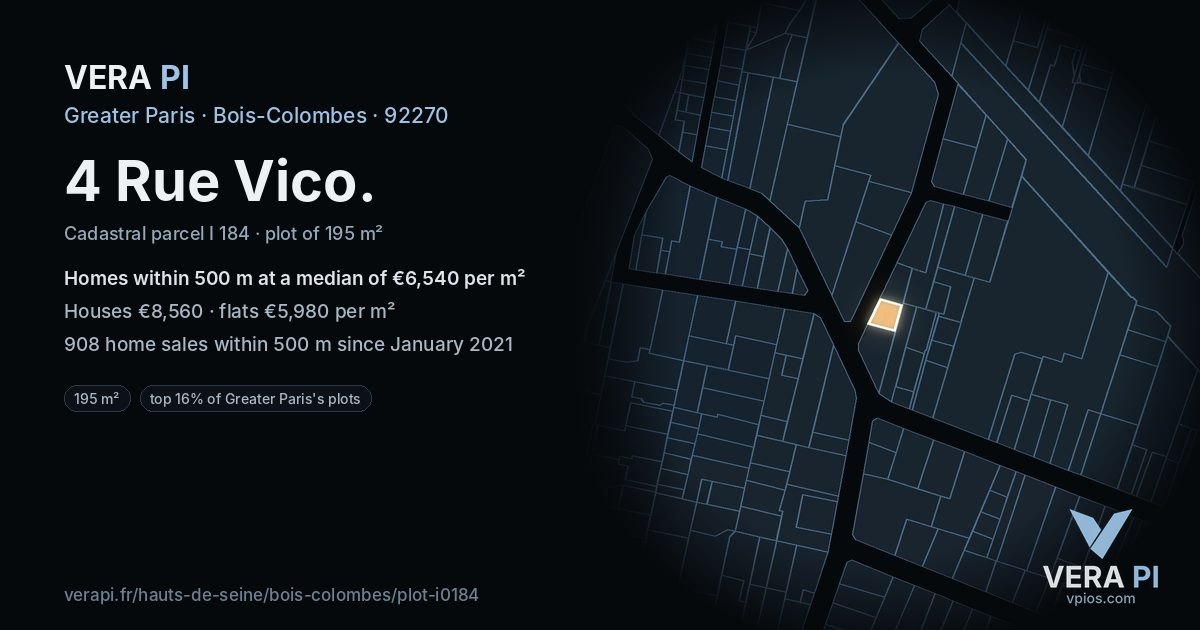 4 Rue Vico, Bois-Colombes at night – the plot lit, the parcels around coloured by the prices near them