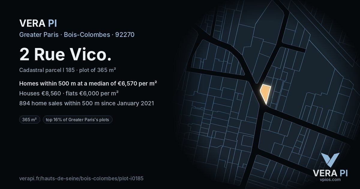 2 Rue Vico, Bois-Colombes at night – the plot lit, the parcels around coloured by the prices near them