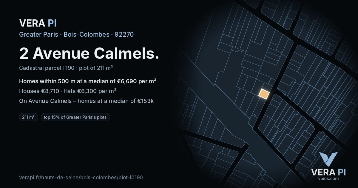 2 Avenue Calmels, Bois-Colombes at night – the plot lit, the parcels around coloured by the prices near them