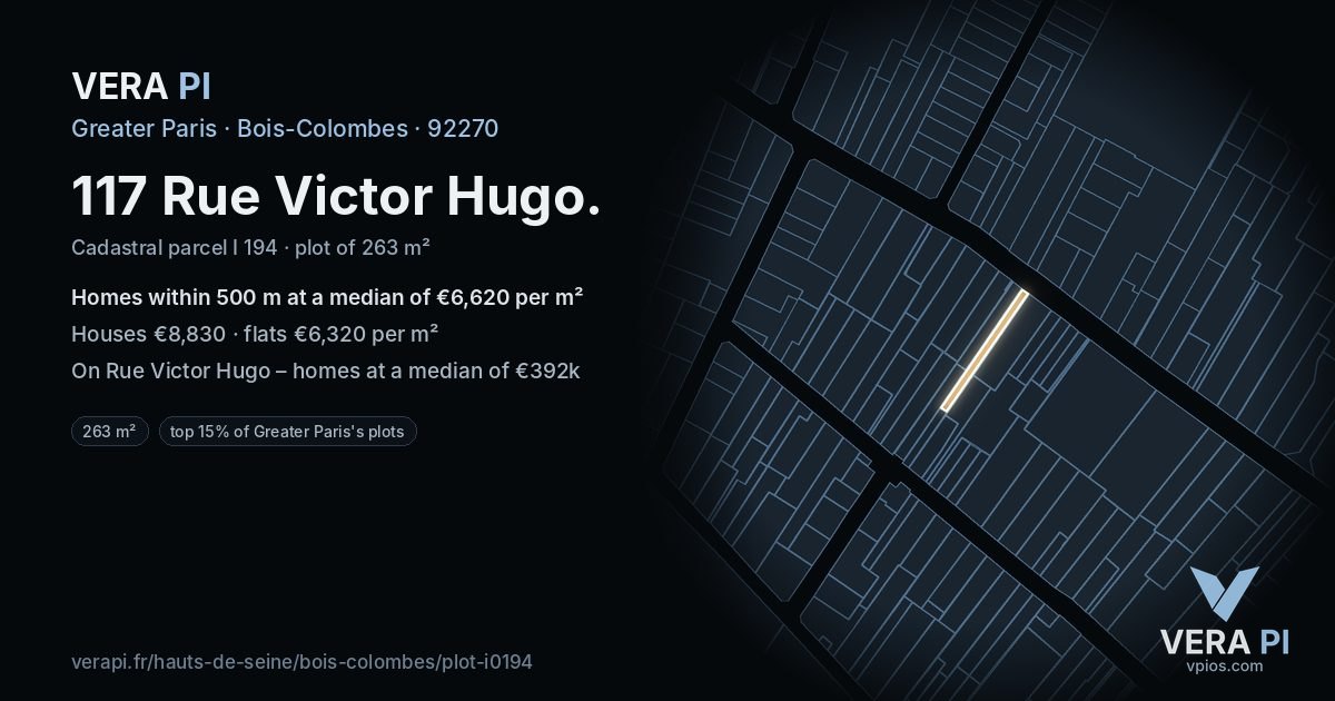 117 Rue Victor Hugo, Bois-Colombes at night – the plot lit, the parcels around coloured by the prices near them