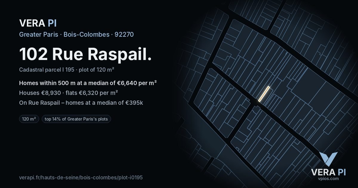 102 Rue Raspail, Bois-Colombes at night – the plot lit, the parcels around coloured by the prices near them