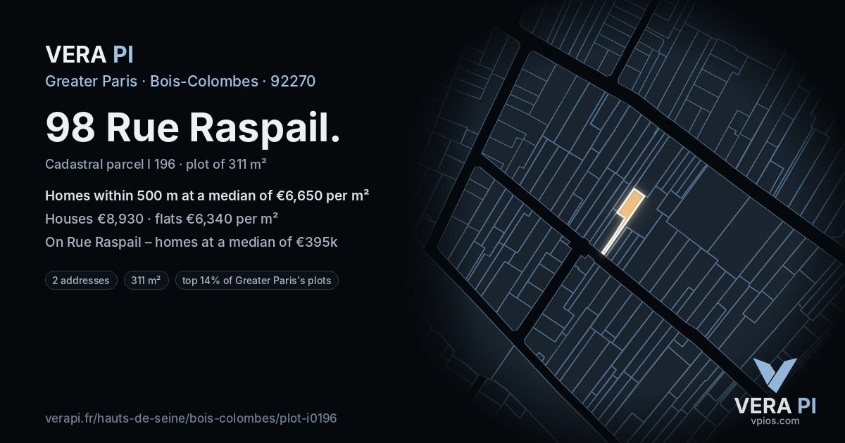 98 Rue Raspail, Bois-Colombes at night – the plot lit, the parcels around coloured by the prices near them