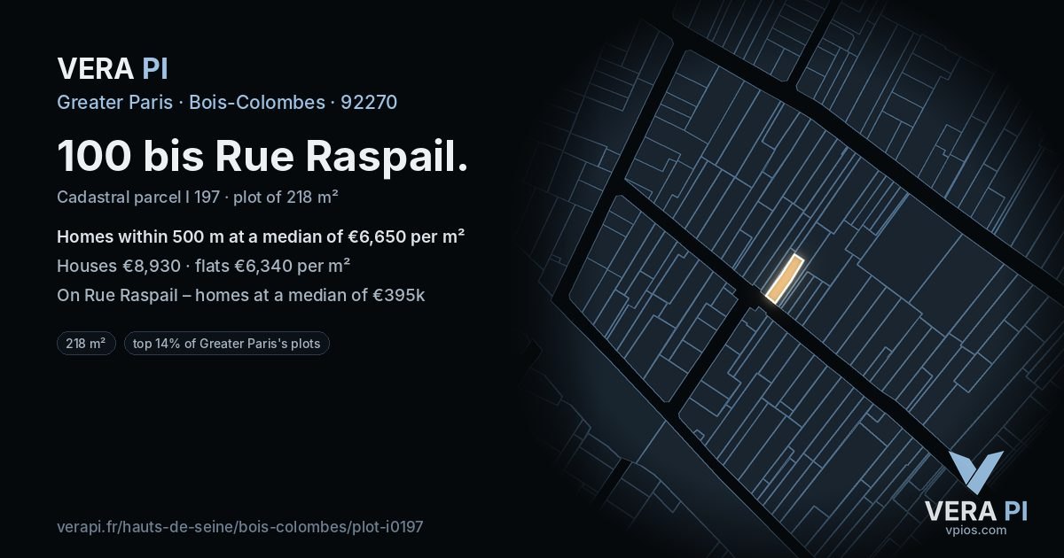 100 bis Rue Raspail, Bois-Colombes at night – the plot lit, the parcels around coloured by the prices near them