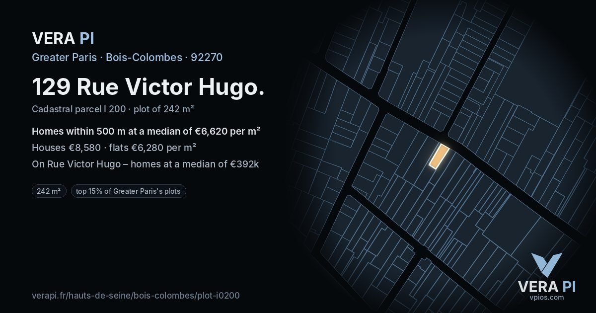 129 Rue Victor Hugo, Bois-Colombes at night – the plot lit, the parcels around coloured by the prices near them