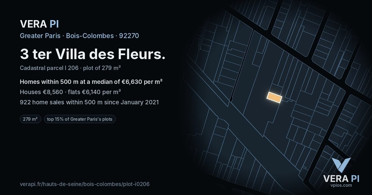 3 ter Villa des Fleurs, Bois-Colombes at night – the plot lit, the parcels around coloured by the prices near them
