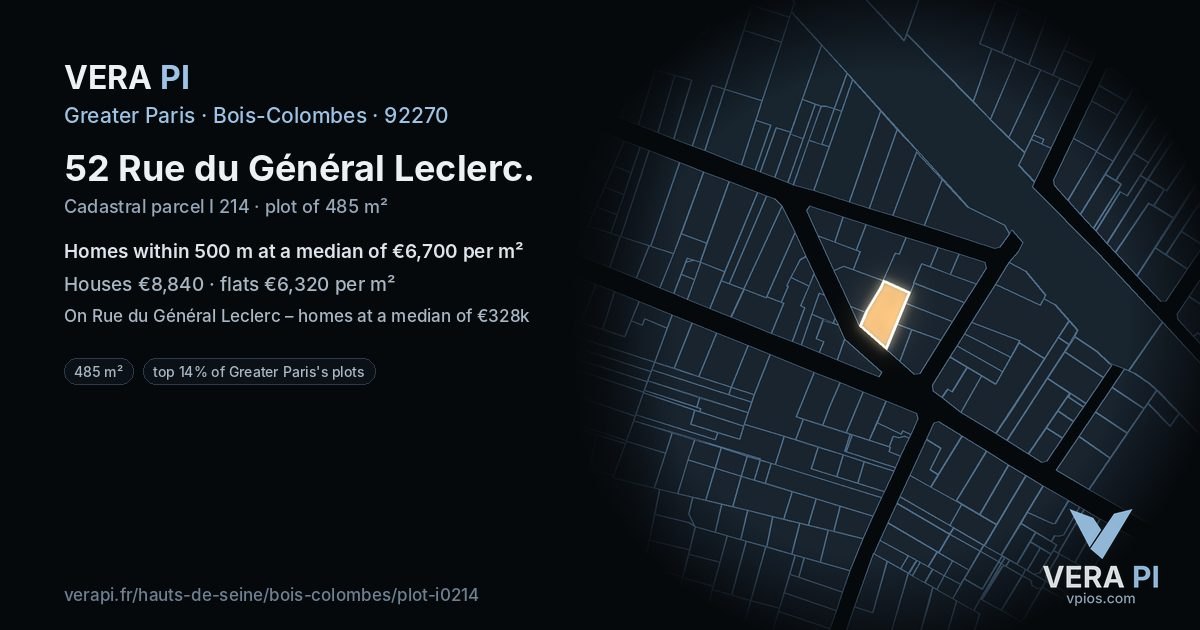 52 Rue du Général Leclerc, Bois-Colombes at night – the plot lit, the parcels around coloured by the prices near them
