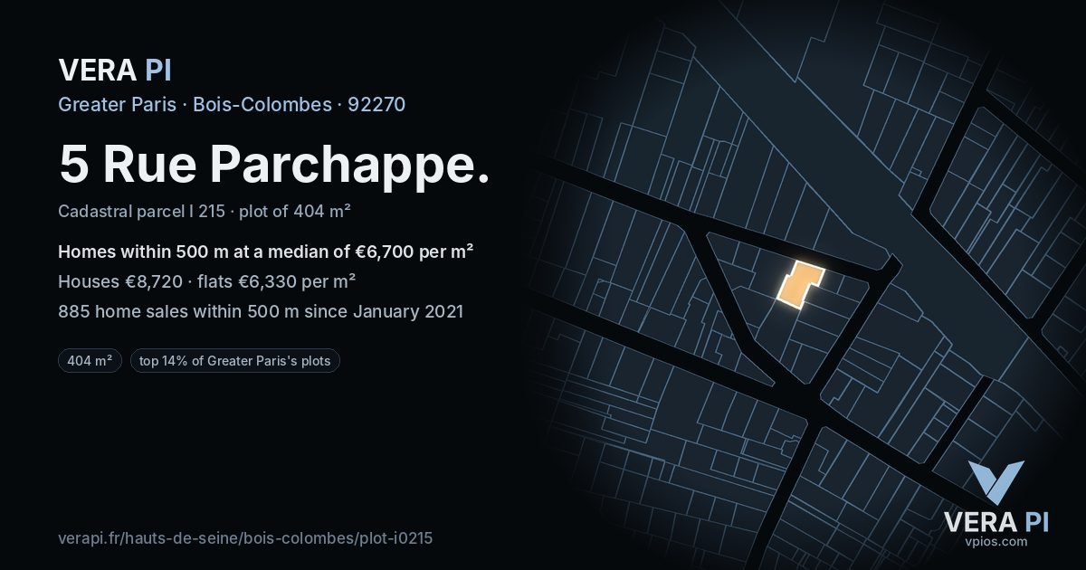 5 Rue Parchappe, Bois-Colombes at night – the plot lit, the parcels around coloured by the prices near them