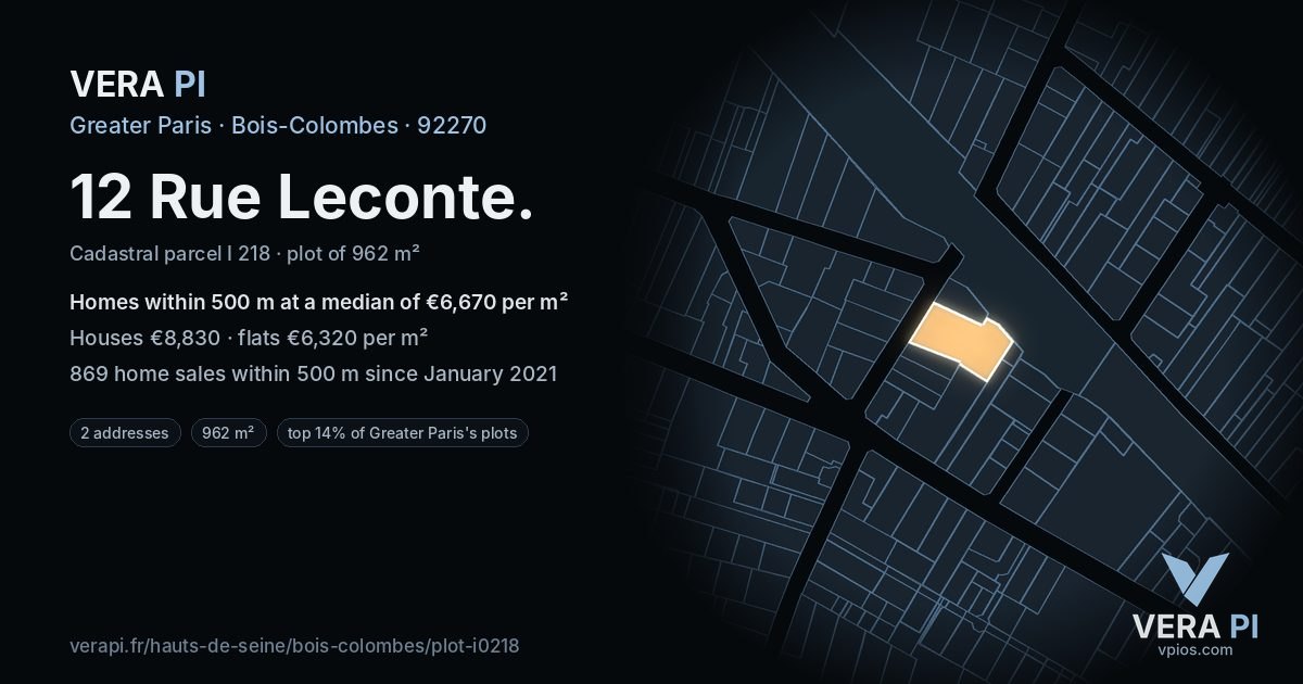 12 Rue Leconte, Bois-Colombes at night – the plot lit, the parcels around coloured by the prices near them