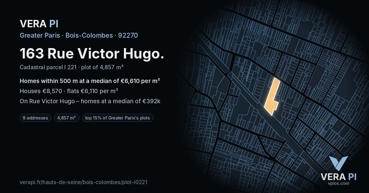 163 Rue Victor Hugo, Bois-Colombes at night – the plot lit, the parcels around coloured by the prices near them