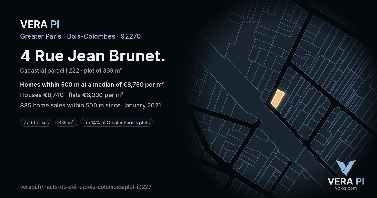 4 Rue Jean Brunet, Bois-Colombes at night – the plot lit, the parcels around coloured by the prices near them