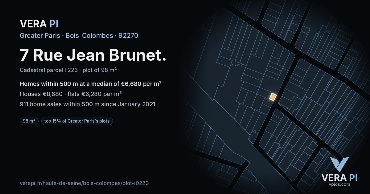 7 Rue Jean Brunet, Bois-Colombes at night – the plot lit, the parcels around coloured by the prices near them