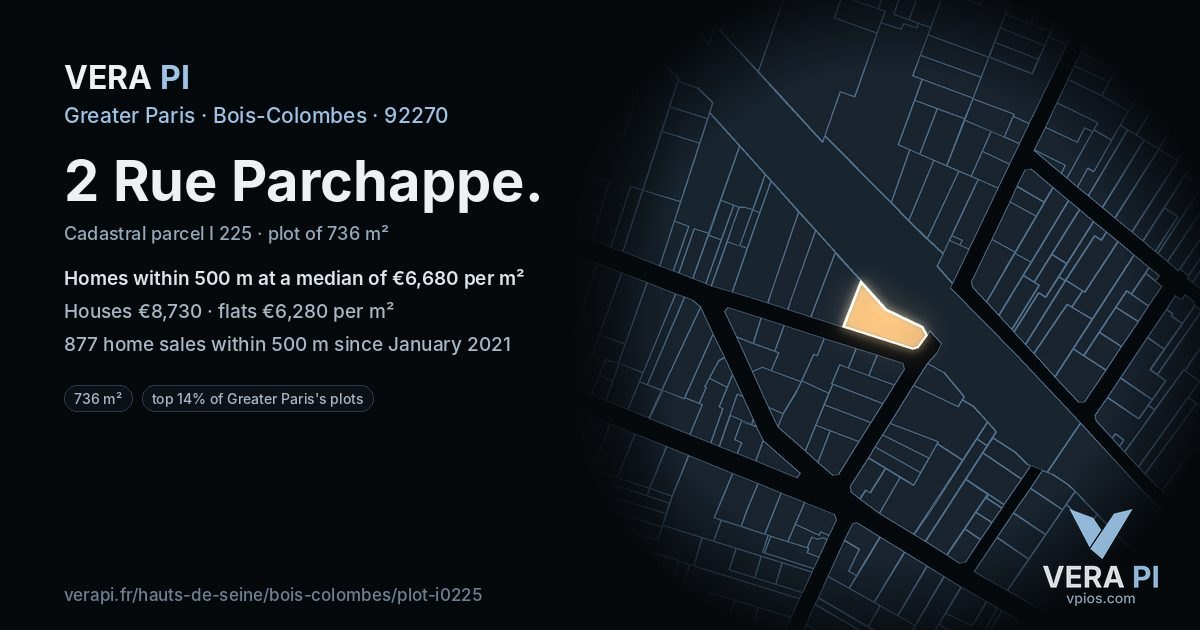 2 Rue Parchappe, Bois-Colombes at night – the plot lit, the parcels around coloured by the prices near them
