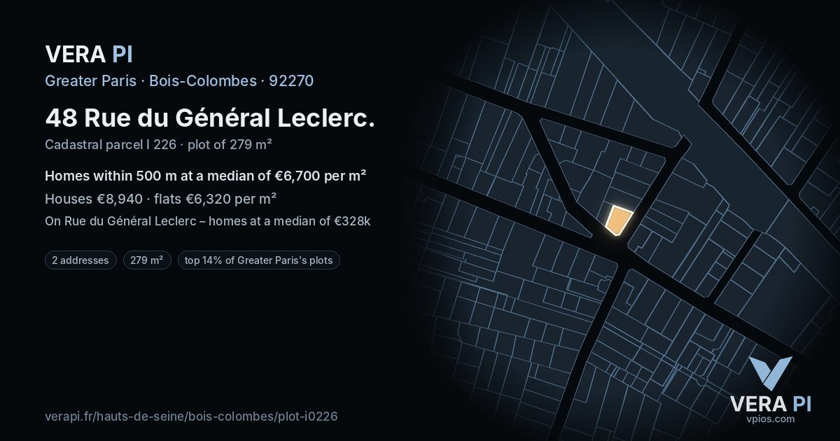 48 Rue du Général Leclerc, Bois-Colombes at night – the plot lit, the parcels around coloured by the prices near them