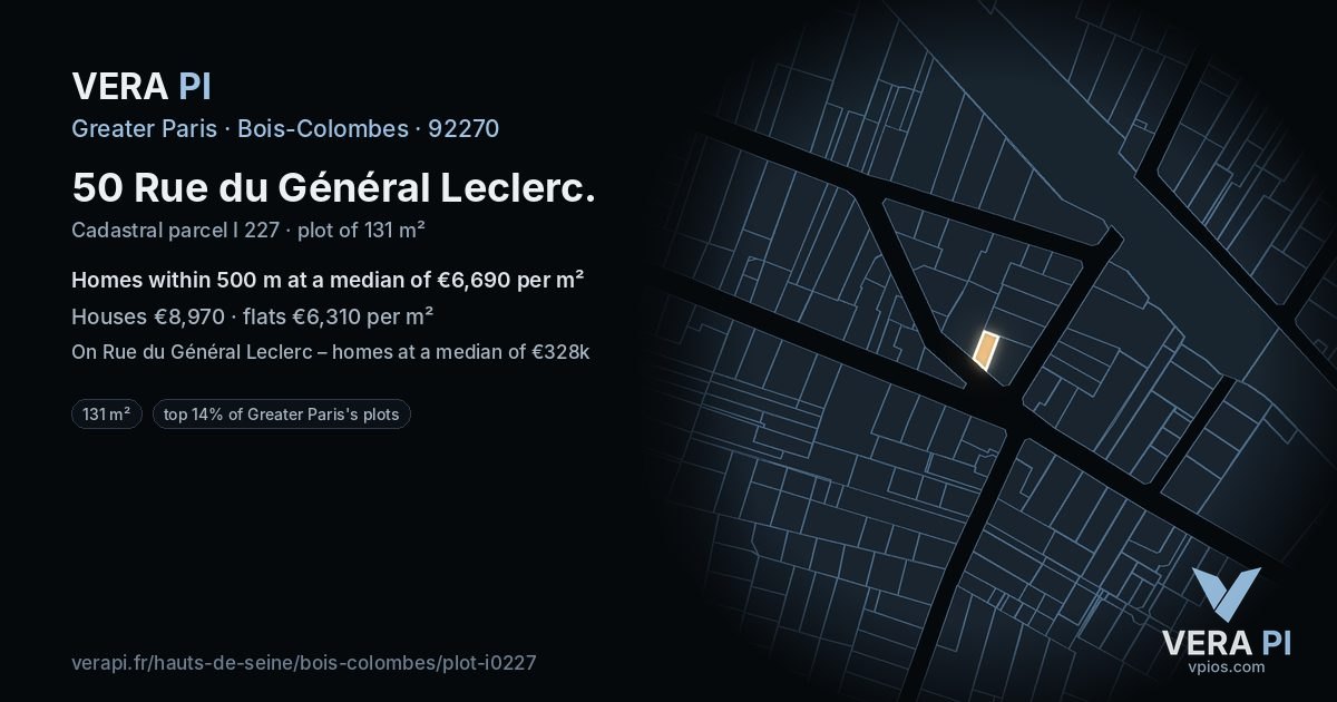 50 Rue du Général Leclerc, Bois-Colombes at night – the plot lit, the parcels around coloured by the prices near them