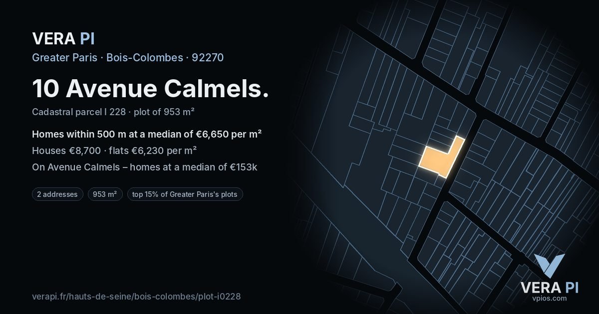 10 Avenue Calmels, Bois-Colombes at night – the plot lit, the parcels around coloured by the prices near them