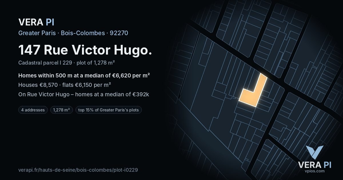 147 Rue Victor Hugo, Bois-Colombes at night – the plot lit, the parcels around coloured by the prices near them