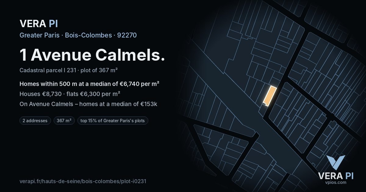 1 Avenue Calmels, Bois-Colombes at night – the plot lit, the parcels around coloured by the prices near them