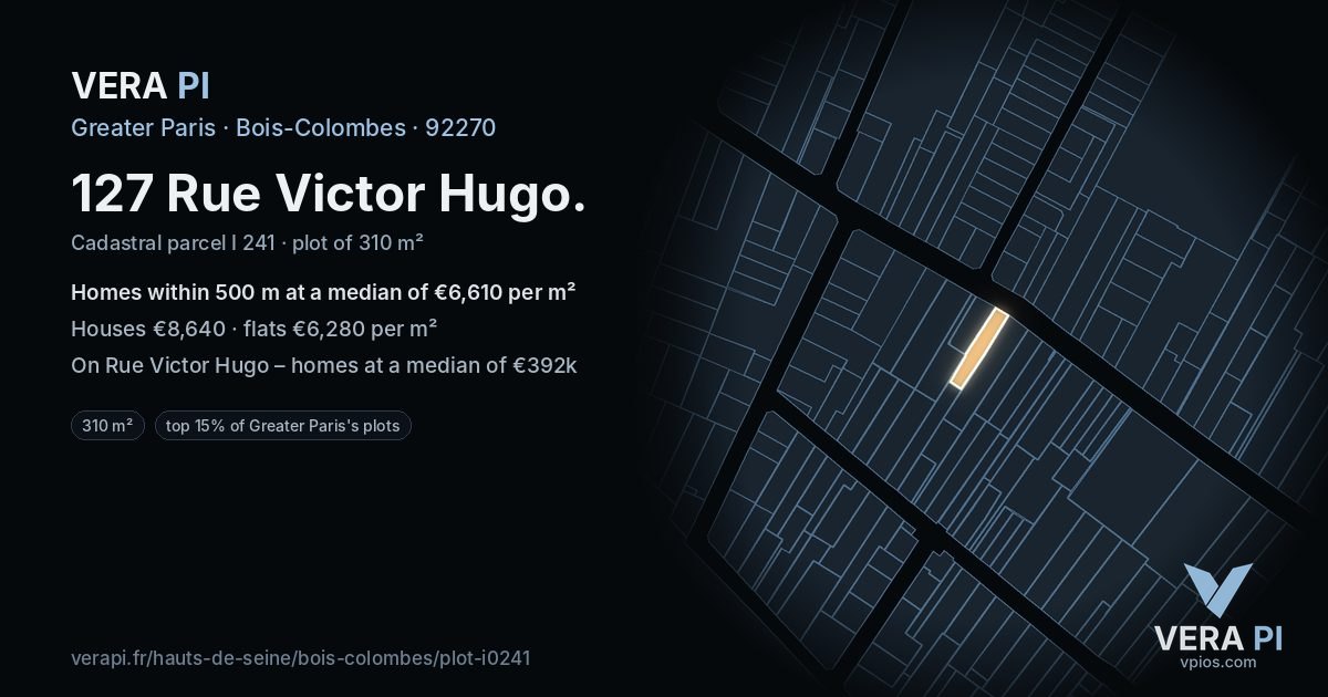 127 Rue Victor Hugo, Bois-Colombes at night – the plot lit, the parcels around coloured by the prices near them