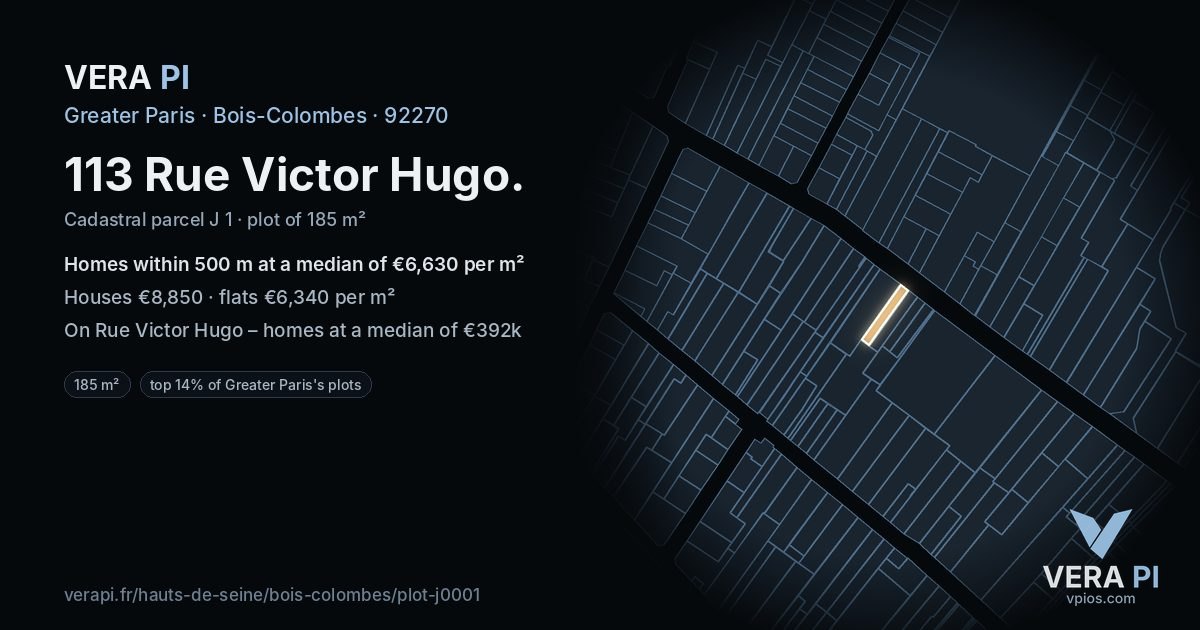 113 Rue Victor Hugo, Bois-Colombes at night – the plot lit, the parcels around coloured by the prices near them