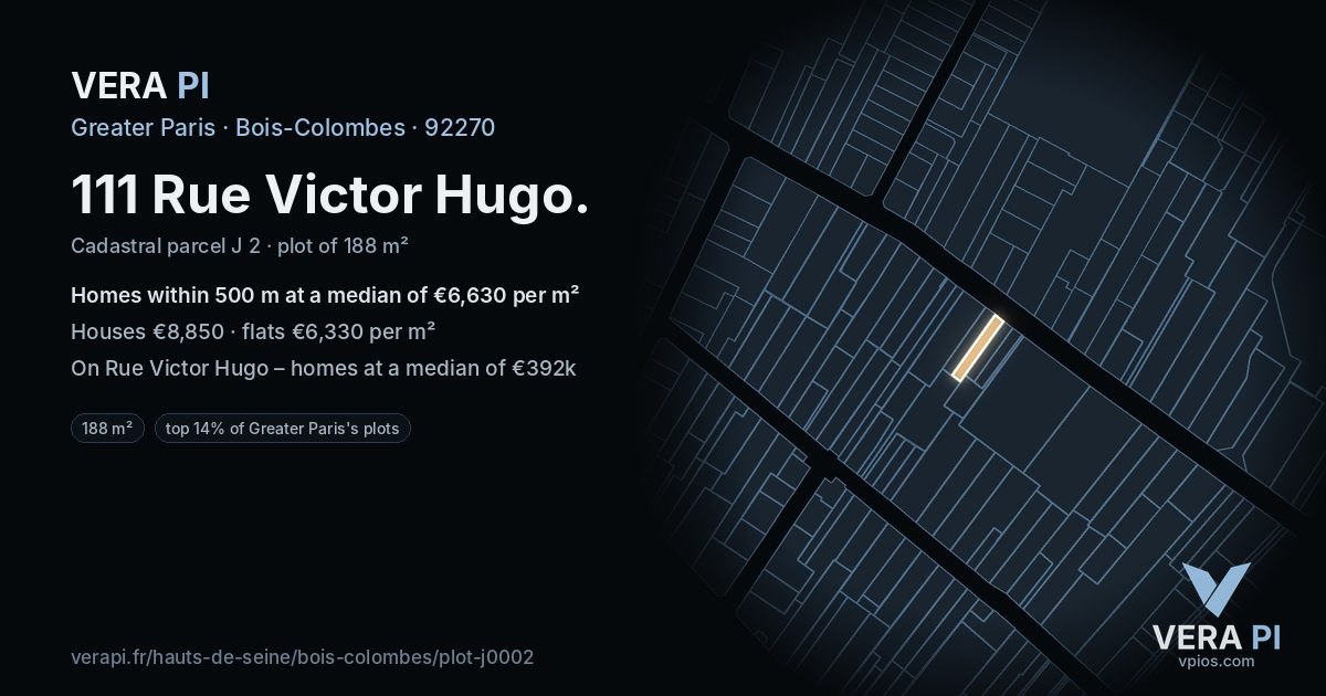 111 Rue Victor Hugo, Bois-Colombes at night – the plot lit, the parcels around coloured by the prices near them