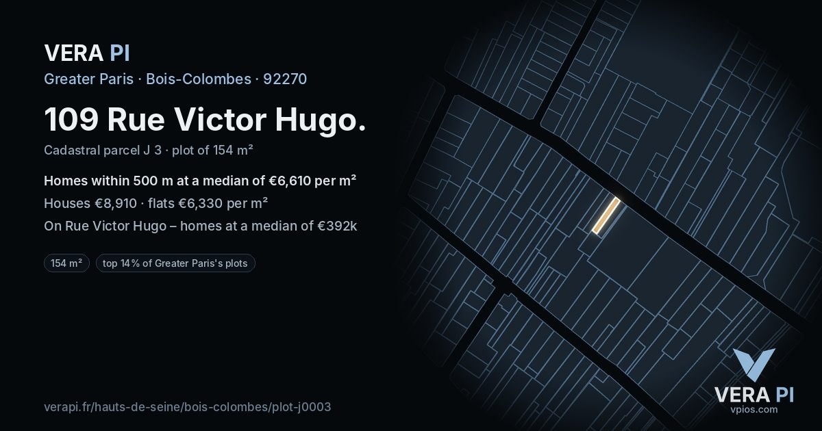 109 Rue Victor Hugo, Bois-Colombes at night – the plot lit, the parcels around coloured by the prices near them