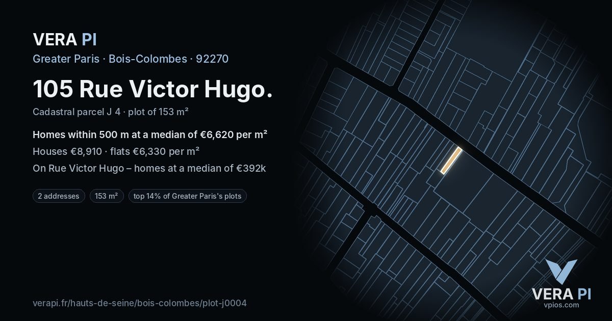 105 Rue Victor Hugo, Bois-Colombes at night – the plot lit, the parcels around coloured by the prices near them
