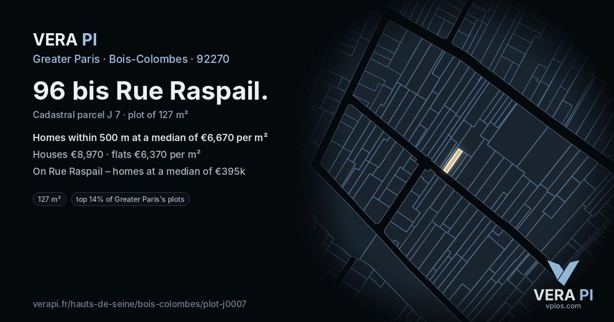 96 bis Rue Raspail, Bois-Colombes at night – the plot lit, the parcels around coloured by the prices near them