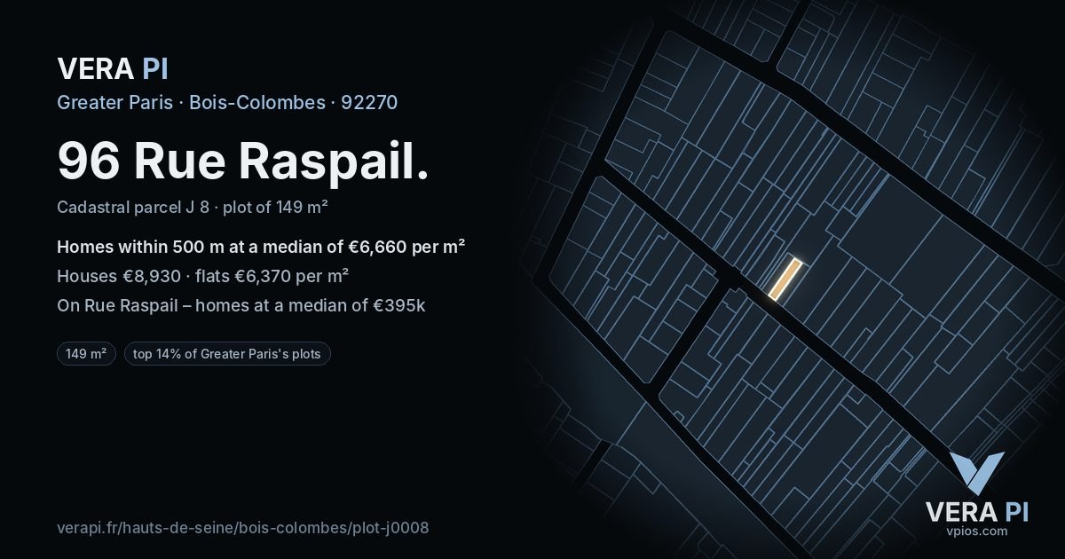 96 Rue Raspail, Bois-Colombes at night – the plot lit, the parcels around coloured by the prices near them