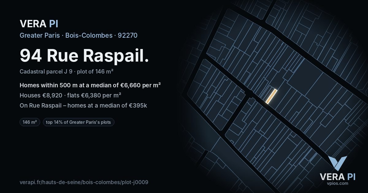 94 Rue Raspail, Bois-Colombes at night – the plot lit, the parcels around coloured by the prices near them