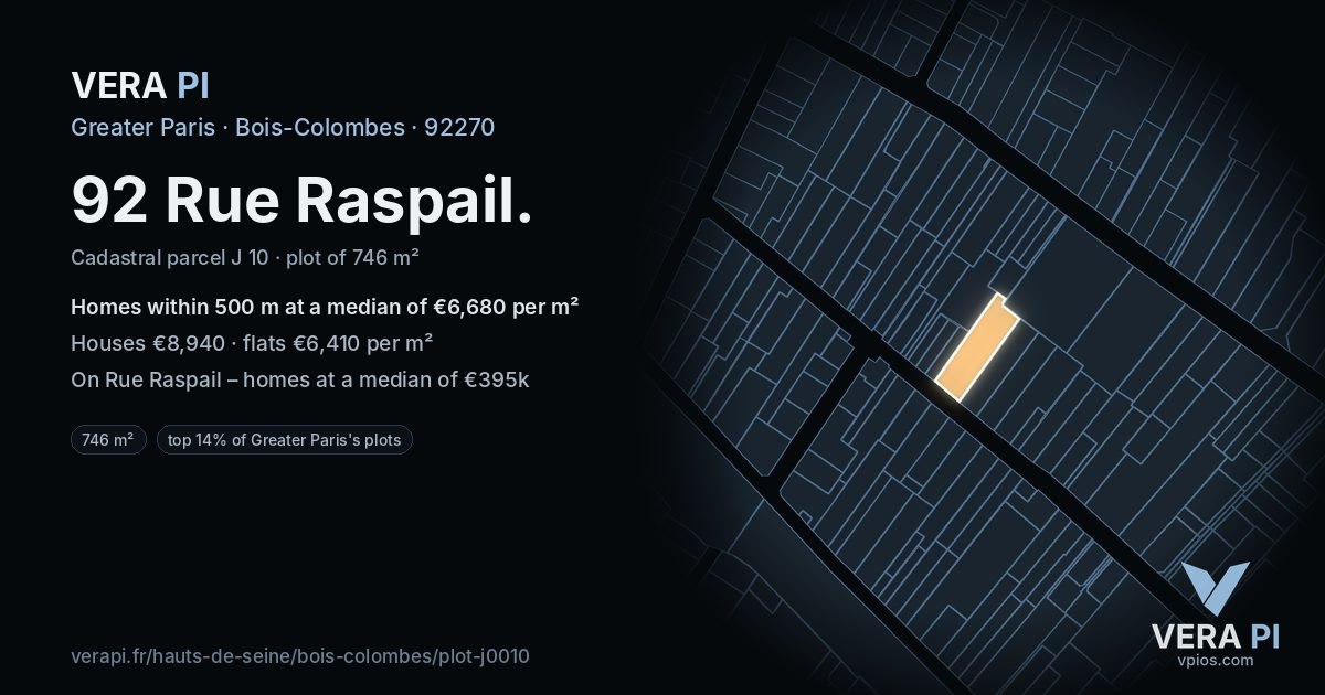 92 Rue Raspail, Bois-Colombes at night – the plot lit, the parcels around coloured by the prices near them