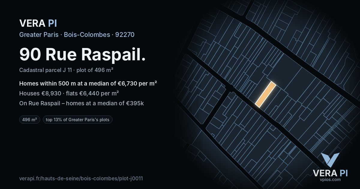90 Rue Raspail, Bois-Colombes at night – the plot lit, the parcels around coloured by the prices near them
