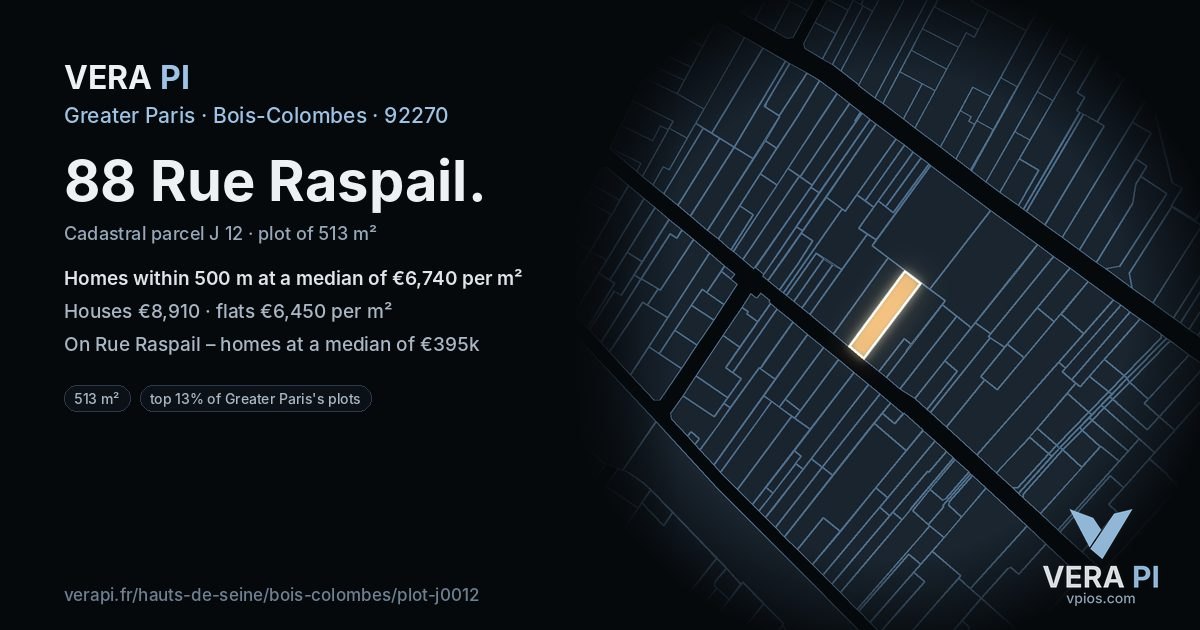 88 Rue Raspail, Bois-Colombes at night – the plot lit, the parcels around coloured by the prices near them