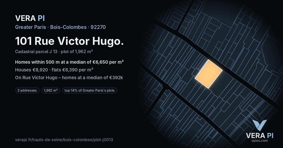 101 Rue Victor Hugo, Bois-Colombes at night – the plot lit, the parcels around coloured by the prices near them
