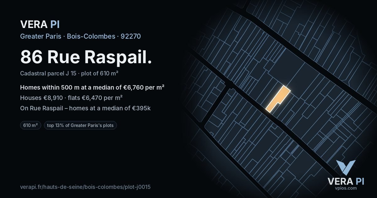 86 Rue Raspail, Bois-Colombes at night – the plot lit, the parcels around coloured by the prices near them