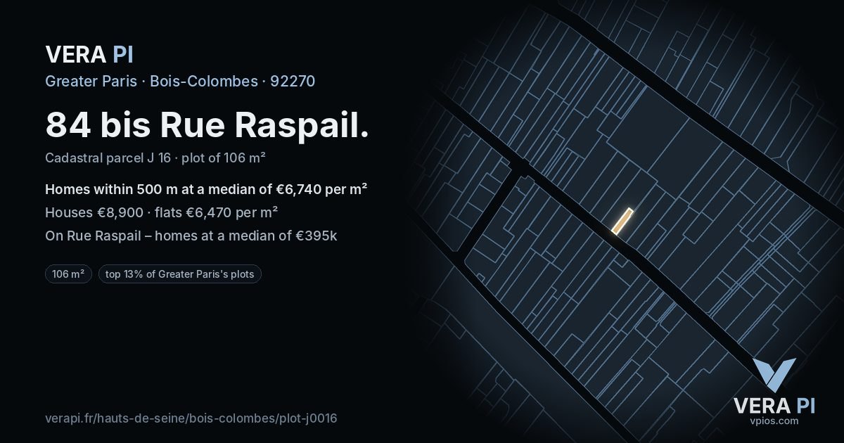 84 bis Rue Raspail, Bois-Colombes at night – the plot lit, the parcels around coloured by the prices near them