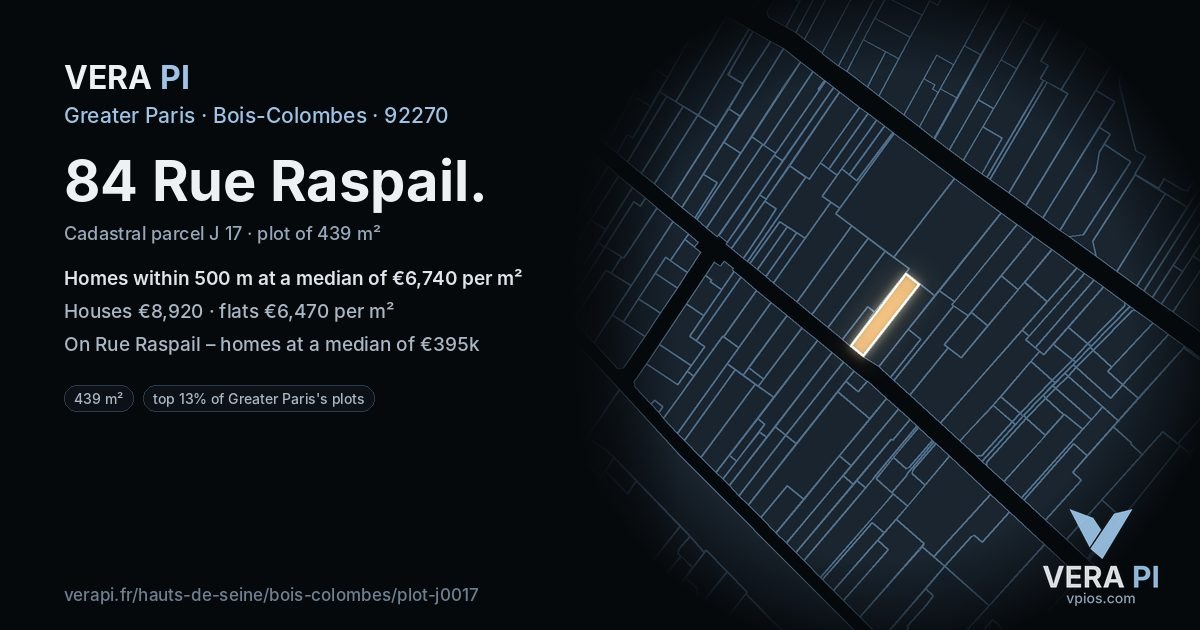 84 Rue Raspail, Bois-Colombes at night – the plot lit, the parcels around coloured by the prices near them