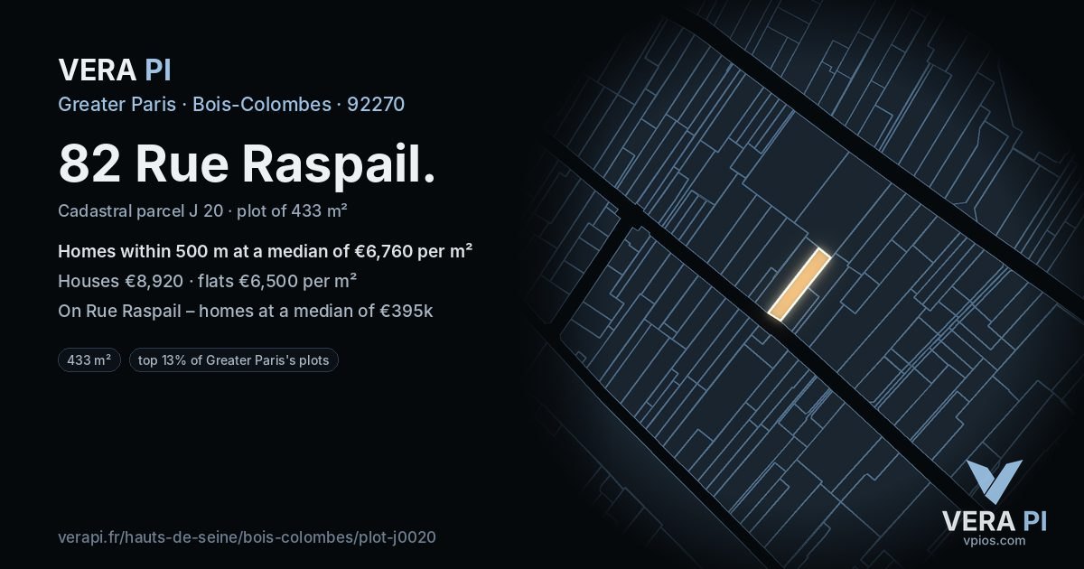 82 Rue Raspail, Bois-Colombes at night – the plot lit, the parcels around coloured by the prices near them