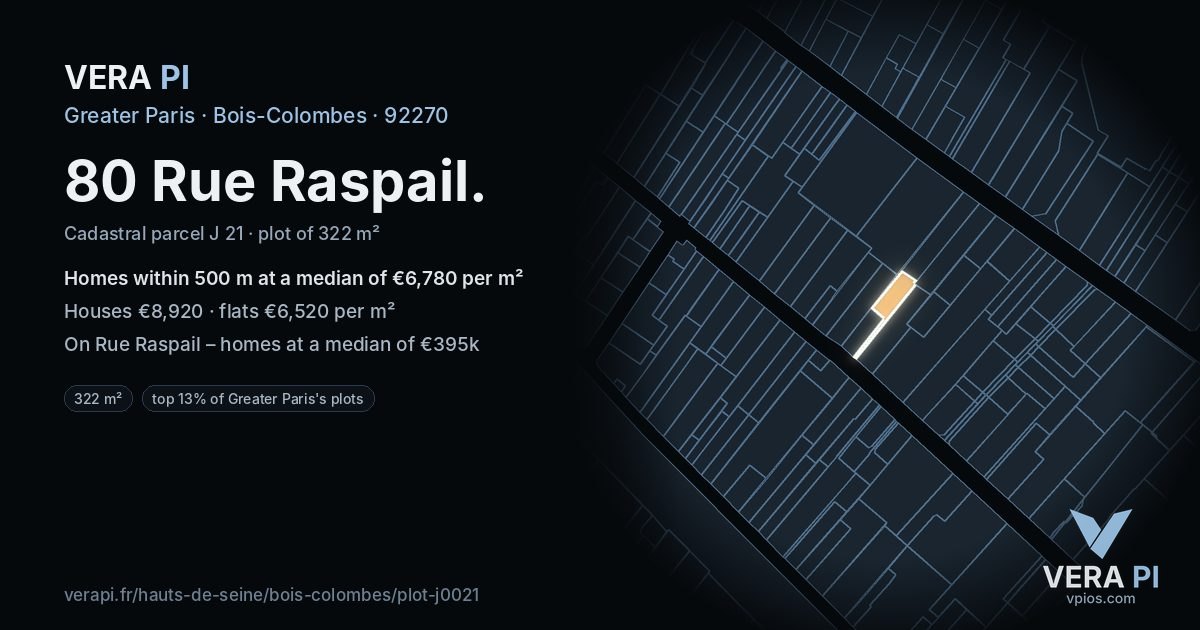 80 Rue Raspail, Bois-Colombes at night – the plot lit, the parcels around coloured by the prices near them