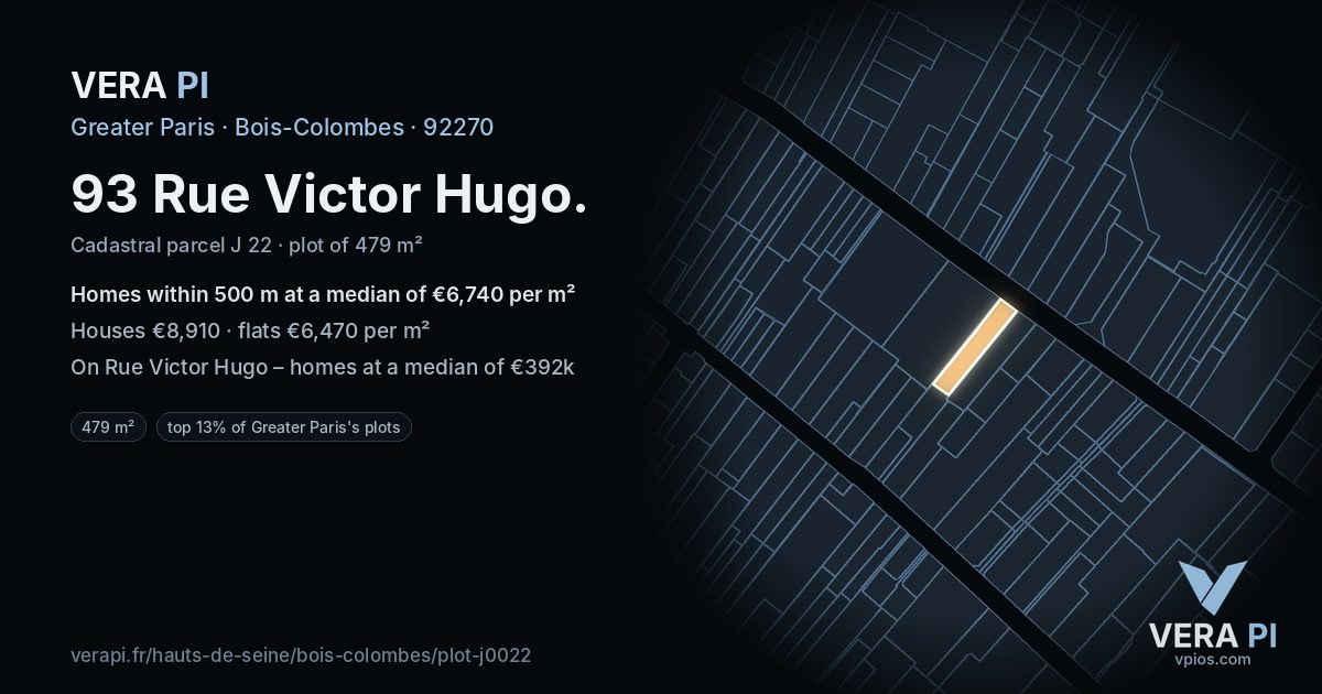 93 Rue Victor Hugo, Bois-Colombes at night – the plot lit, the parcels around coloured by the prices near them